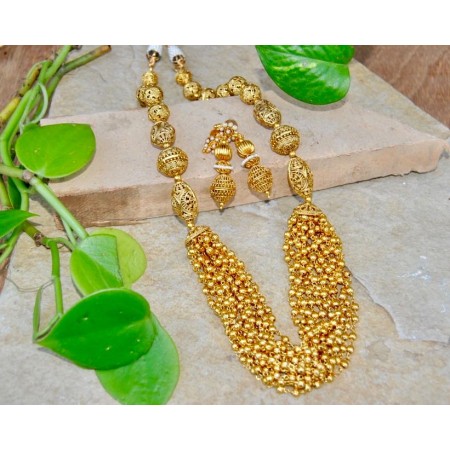Golden Oval Round Filigree Bead Mala Necklace
